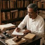 मुंशी प्रेमचंद का साहित्यिक चित्र, हाथ में कलम और पुस्तकों के साथ हिंदी साहित्य को समर्पित भावपूर्ण दृश्य