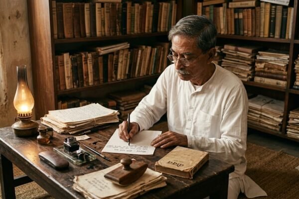 मुंशी प्रेमचंद का साहित्यिक चित्र, हाथ में कलम और पुस्तकों के साथ हिंदी साहित्य को समर्पित भावपूर्ण दृश्य