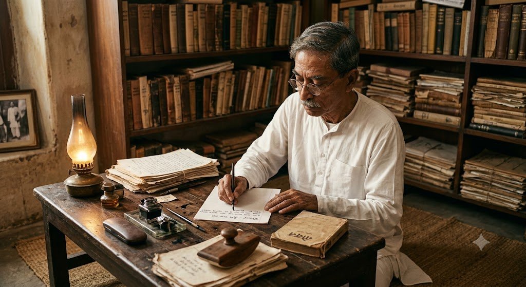 मुंशी प्रेमचंद का साहित्यिक चित्र, हाथ में कलम और पुस्तकों के साथ हिंदी साहित्य को समर्पित भावपूर्ण दृश्य