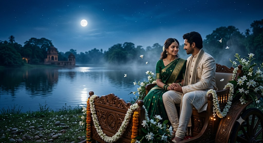 चाँदनी रात में शांत झील के किनारे सजे हुए रथ पर साथ बैठे भारतीय दंपति, जिनके चेहरे पर आत्मिक प्रेम, स्नेह और मधुर भावनाओं की झलक दिखाई दे रही है। आसपास खिलते फूल और चाँदनी कविता के श्रृंगार रस को साकार करते हैं।