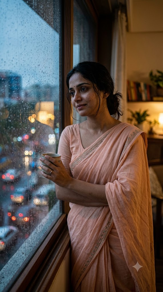 गहरी सोच में डूबी एक महिला, जिसके चेहरे पर हल्की मुस्कान है लेकिन आँखों में छिपा दर्द और अकेलापन साफ़ झलक रहा है, जो कविता 'नज़र आती है' की भावनाओं को दर्शाता है।