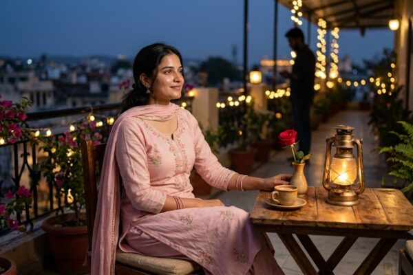 प्रेम में डूबी एक युवती दीपक, गुलाब और 'Miss You' लिखे कप के साथ अपने प्रिय की यादों में खोई हुई दिखाई दे रही है, जो प्यार, इंतज़ार और मुलाक़ात की भावनाओं को दर्शाती है।