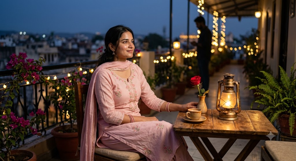 प्रेम में डूबी एक युवती दीपक, गुलाब और 'Miss You' लिखे कप के साथ अपने प्रिय की यादों में खोई हुई दिखाई दे रही है, जो प्यार, इंतज़ार और मुलाक़ात की भावनाओं को दर्शाती है।