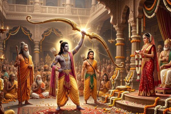 भगवान श्रीराम, लक्ष्मण, विश्वामित्र और सीता स्वयंवर का दिव्य दृश्य