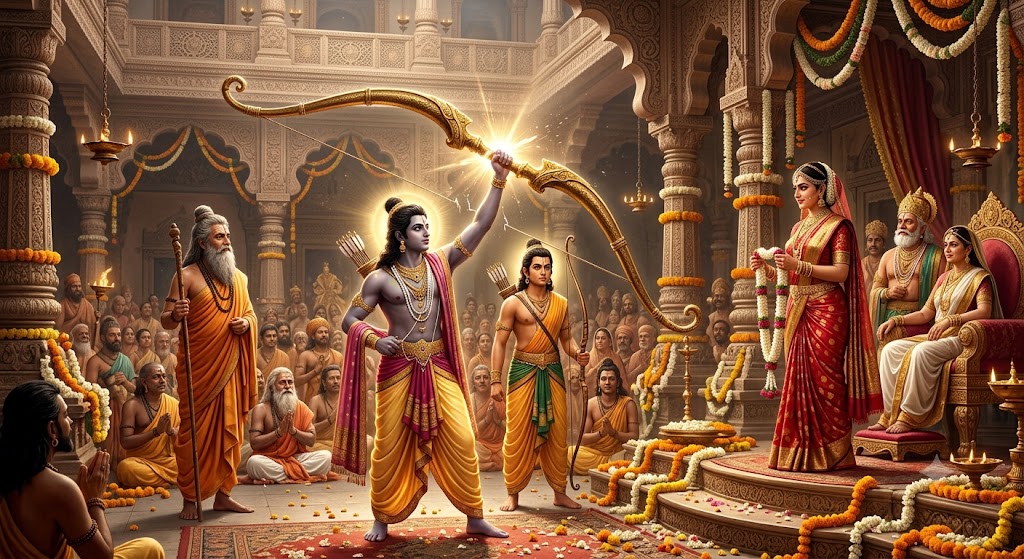 भगवान श्रीराम, लक्ष्मण, विश्वामित्र और सीता स्वयंवर का दिव्य दृश्य