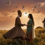 सूर्यास्त के समय एक सूफी साधक और एक स्त्री प्रेम व आध्यात्मिक एकता का प्रतीक बनकर खड़े हैं, चारों ओर दिव्य प्रकाश।