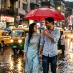बारिश में एक लाल छाते के नीचे हाथ थामे चलते भारतीय प्रेमी युगल का यथार्थवादी और भावनात्मक दृश्य, रोमांटिक हिंदी प्रेम कहानी का प्रतीक।