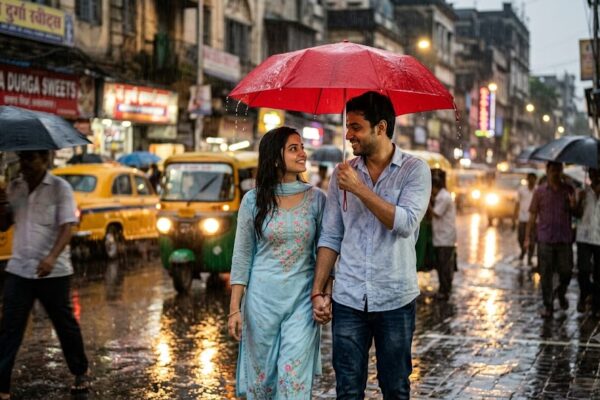 बारिश में एक लाल छाते के नीचे हाथ थामे चलते भारतीय प्रेमी युगल का यथार्थवादी और भावनात्मक दृश्य, रोमांटिक हिंदी प्रेम कहानी का प्रतीक।
