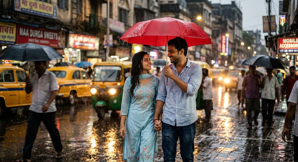 बारिश में एक लाल छाते के नीचे हाथ थामे चलते भारतीय प्रेमी युगल का यथार्थवादी और भावनात्मक दृश्य, रोमांटिक हिंदी प्रेम कहानी का प्रतीक।