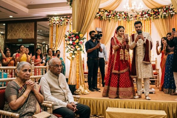 भारतीय शादी में दूल्हा-दुल्हन मोबाइल से रील बनाते हुए, पीछे भावुक परिवार के सदस्य.