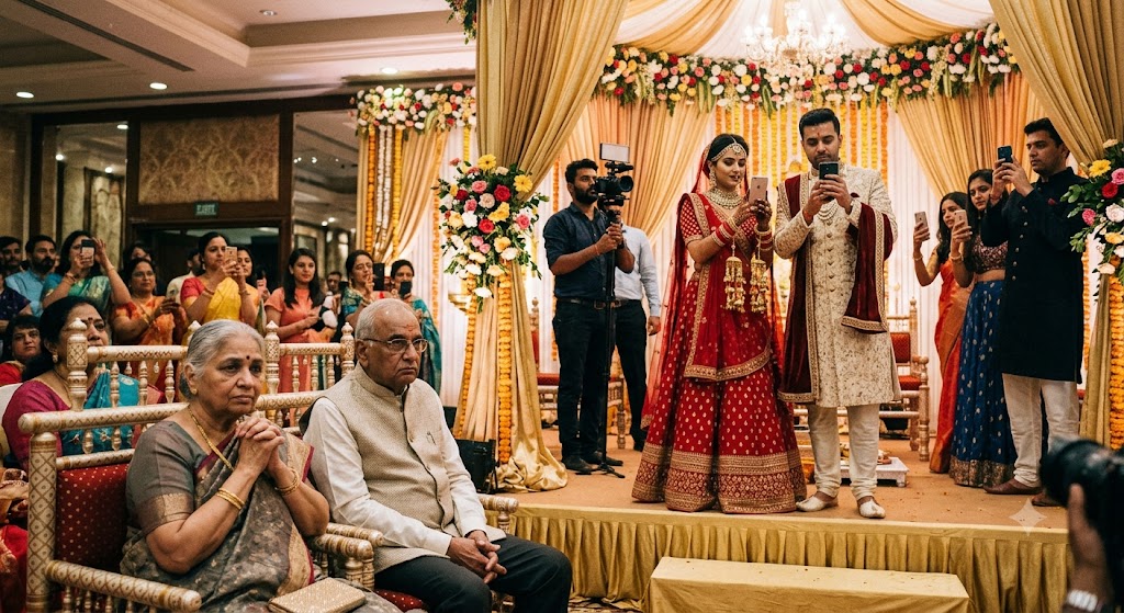 भारतीय शादी में दूल्हा-दुल्हन मोबाइल से रील बनाते हुए, पीछे भावुक परिवार के सदस्य.