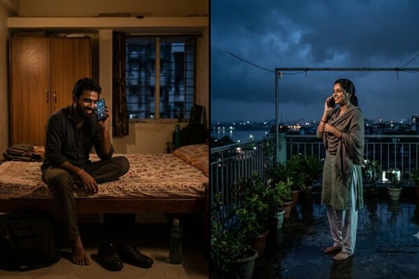 रात के समय अपने-अपने शहरों में बैठे एक युवक और एक युवती फोन पर बात करते हुए मुस्कुरा रहे हैं। दोनों के बीच हजारों किलोमीटर की दूरी है, लेकिन भावनात्मक रूप से एक-दूसरे के बेहद करीब हैं।