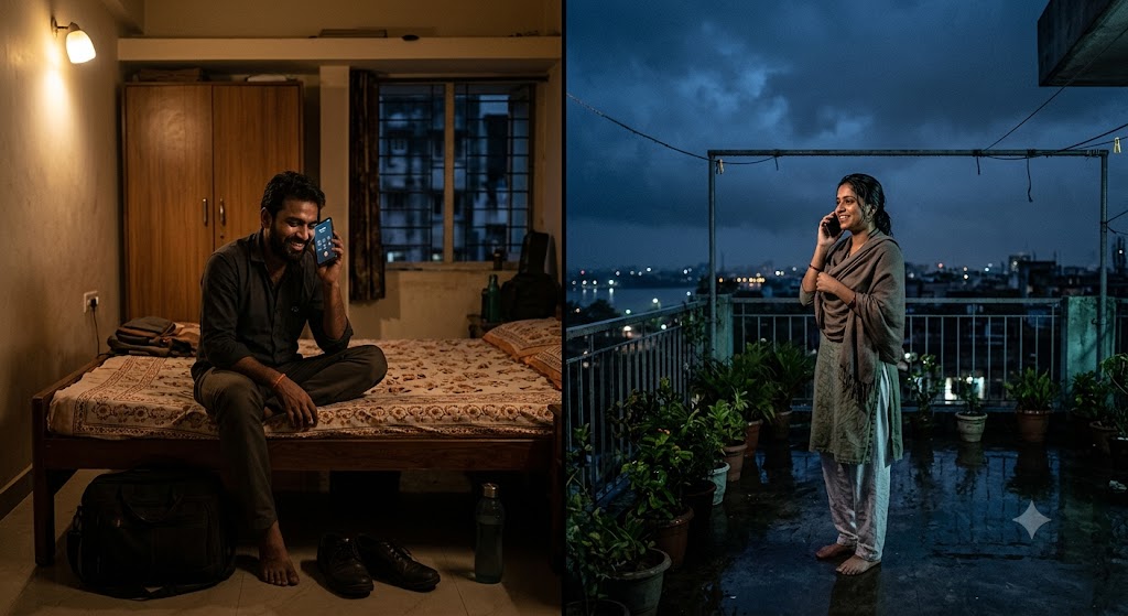 रात के समय अपने-अपने शहरों में बैठे एक युवक और एक युवती फोन पर बात करते हुए मुस्कुरा रहे हैं। दोनों के बीच हजारों किलोमीटर की दूरी है, लेकिन भावनात्मक रूप से एक-दूसरे के बेहद करीब हैं।