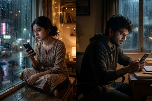 बारिश के बीच खिड़की के पास बैठी उदास युवती और मोबाइल हाथ में लिए बेचैन युवक—दो दिन की खामोशी के बाद फिर से जुड़ते प्रेम की भावनात्मक झलक।