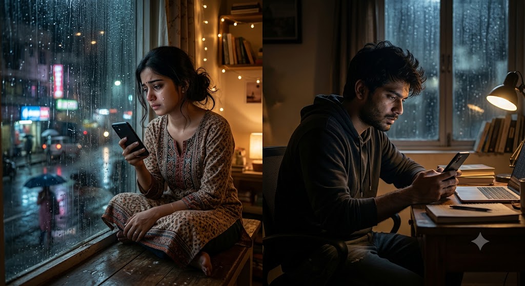 बारिश के बीच खिड़की के पास बैठी उदास युवती और मोबाइल हाथ में लिए बेचैन युवक—दो दिन की खामोशी के बाद फिर से जुड़ते प्रेम की भावनात्मक झलक।
