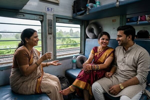 भारतीय ट्रेन के डिब्बे में खिड़की के पास बैठी एक महिला सहयात्री मुस्कुराते हुए एक नवविवाहित दंपती से बातचीत कर रही है। बाहर हरियाली और बारिश का मौसम दिखाई दे रहा है, जो आशा, प्रेम और नए रिश्तों का प्रतीक है।