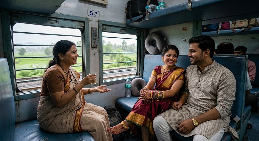 भारतीय ट्रेन के डिब्बे में खिड़की के पास बैठी एक महिला सहयात्री मुस्कुराते हुए एक नवविवाहित दंपती से बातचीत कर रही है। बाहर हरियाली और बारिश का मौसम दिखाई दे रहा है, जो आशा, प्रेम और नए रिश्तों का प्रतीक है।