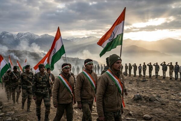 कारगिल की पर्वतीय पृष्ठभूमि में तिरंगा थामे दृढ़ संकल्प के साथ आगे बढ़ते भारतीय युवा, जो साहस, एकता, राष्ट्रभक्ति और राष्ट्र निर्माण की भावना का प्रतीक हैं।