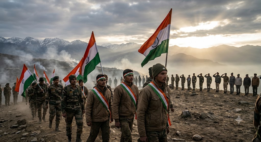 कारगिल की पर्वतीय पृष्ठभूमि में तिरंगा थामे दृढ़ संकल्प के साथ आगे बढ़ते भारतीय युवा, जो साहस, एकता, राष्ट्रभक्ति और राष्ट्र निर्माण की भावना का प्रतीक हैं।