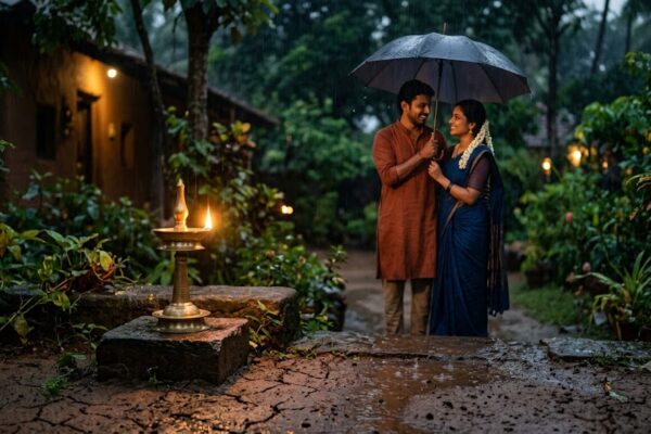 बारिश में जलता हुआ दीपक और दूर खड़ा प्रेमी युगल – प्रेम पर आधारित भावपूर्ण हिंदी कविता