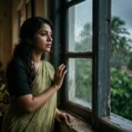 बरसात की फुहारों के बीच खिड़की के पास खड़ी एक भारतीय महिला दूर क्षितिज की ओर निहार रही है। बाहर हरियाली और वर्षा है, लेकिन उसके चेहरे पर विरह, प्रतीक्षा और अनकही उदासी की गहरी छाप दिखाई देती है।