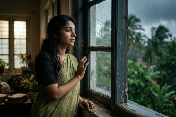 बरसात की फुहारों के बीच खिड़की के पास खड़ी एक भारतीय महिला दूर क्षितिज की ओर निहार रही है। बाहर हरियाली और वर्षा है, लेकिन उसके चेहरे पर विरह, प्रतीक्षा और अनकही उदासी की गहरी छाप दिखाई देती है।
