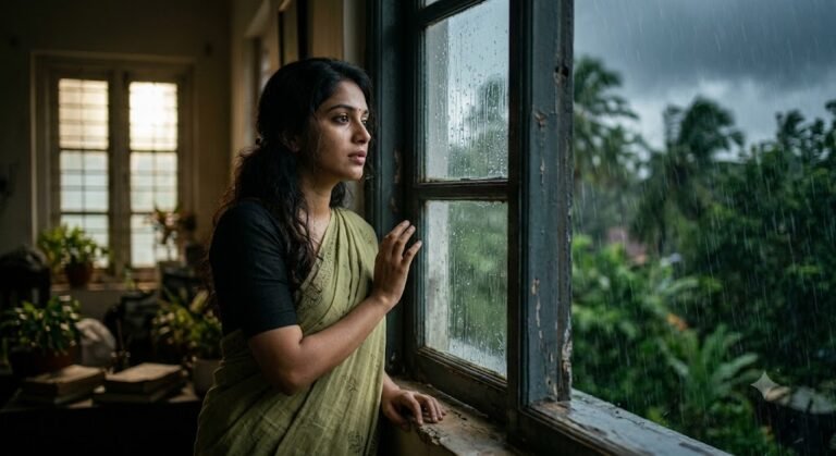 बरसात की फुहारों के बीच खिड़की के पास खड़ी एक भारतीय महिला दूर क्षितिज की ओर निहार रही है। बाहर हरियाली और वर्षा है, लेकिन उसके चेहरे पर विरह, प्रतीक्षा और अनकही उदासी की गहरी छाप दिखाई देती है।
