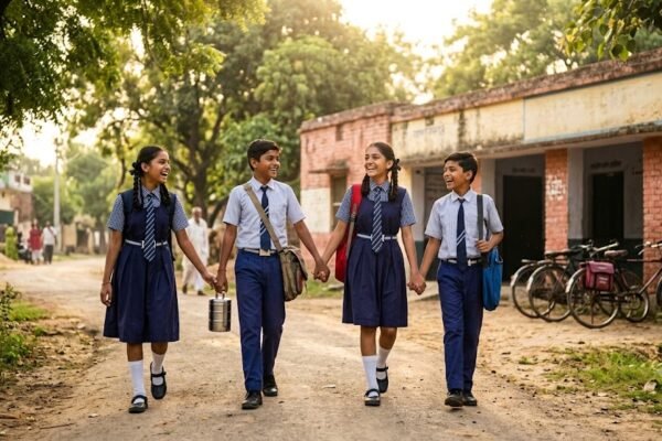 स्कूल यूनिफॉर्म पहने चार दोस्त कंधे से कंधा मिलाकर हँसते हुए स्कूल की ओर जाते हुए, जो बचपन की सच्ची दोस्ती और यादों का प्रतीक हैं।