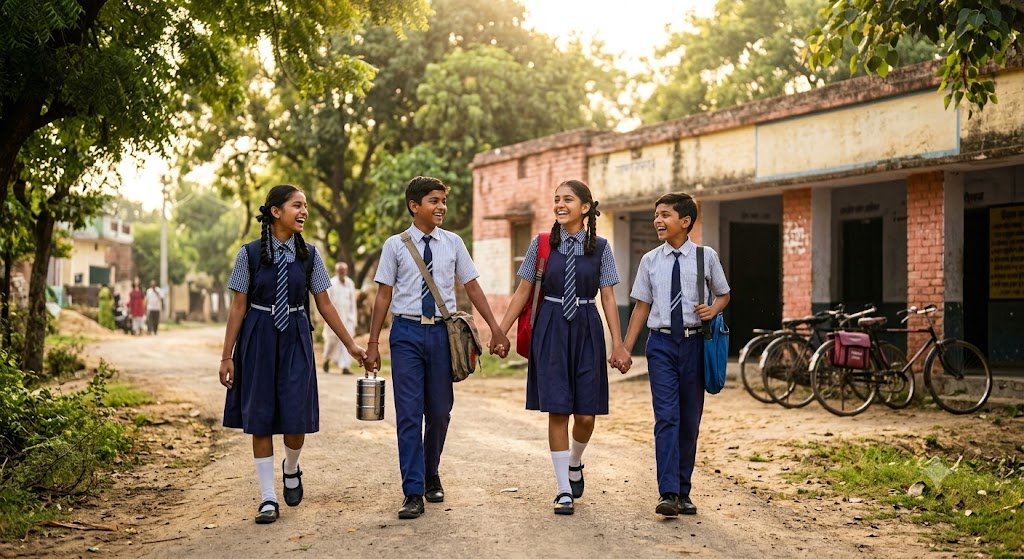 स्कूल यूनिफॉर्म पहने चार दोस्त कंधे से कंधा मिलाकर हँसते हुए स्कूल की ओर जाते हुए, जो बचपन की सच्ची दोस्ती और यादों का प्रतीक हैं।