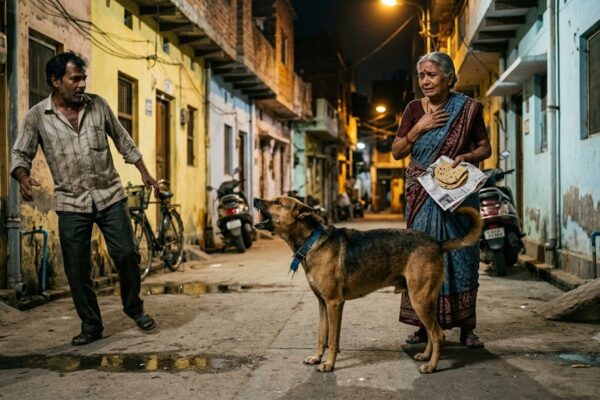 एक भारतीय गली में खड़ा वफ़ादार देसी कुत्ता गुस्से से एक शराबी व्यक्ति की ओर भौंक रहा है, जबकि पास में एक वृद्ध महिला सुरक्षित खड़ी है। दृश्य साहस, सुरक्षा और मानवीय संवेदनाओं को दर्शाता है।