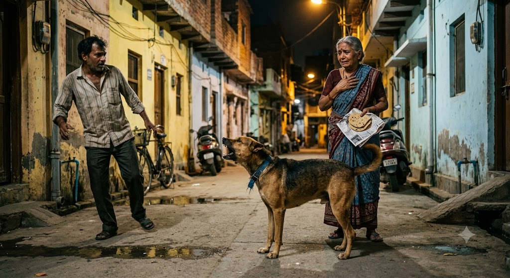 एक भारतीय गली में खड़ा वफ़ादार देसी कुत्ता गुस्से से एक शराबी व्यक्ति की ओर भौंक रहा है, जबकि पास में एक वृद्ध महिला सुरक्षित खड़ी है। दृश्य साहस, सुरक्षा और मानवीय संवेदनाओं को दर्शाता है।