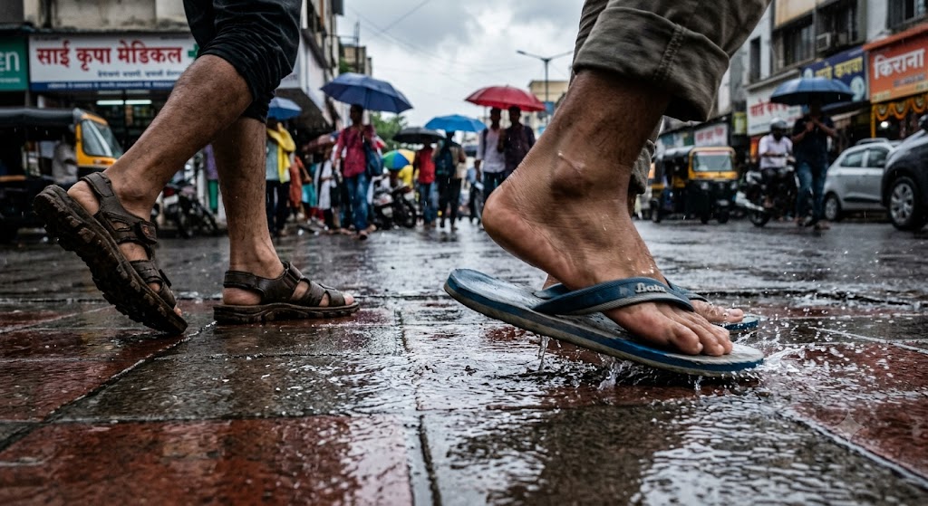 बारिश में गीली सड़क पर फिसलती चप्पल और एंटी-स्लिप स्लिपर का प्रदर्शन