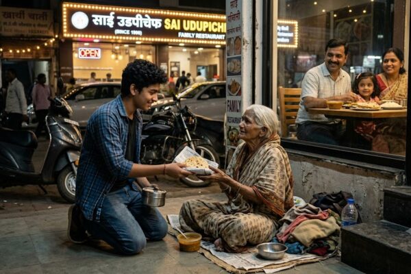 होटल के बाहर भूखी वृद्धा को रोटी देता हुआ एक बच्चा – इंसानियत पर आधारित भावुक हिंदी लघुकथा