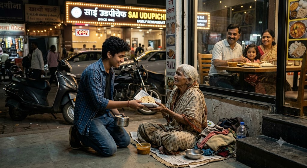 होटल के बाहर भूखी वृद्धा को रोटी देता हुआ एक बच्चा – इंसानियत पर आधारित भावुक हिंदी लघुकथा