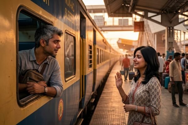 स्टेशन पर विदा होते राघव और रिद्धिमा, आँखों में प्रेम और बिछड़ने की नमी