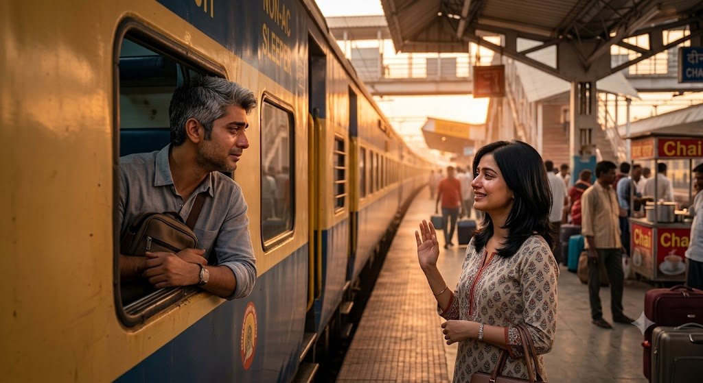 स्टेशन पर विदा होते राघव और रिद्धिमा, आँखों में प्रेम और बिछड़ने की नमी