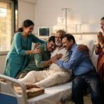 अस्पताल के बिस्तर पर लेटे वृद्ध पिता को गले लगाते उनके बेटे, पास खड़ी भावुक माँ और बेटी—पारिवारिक प्रेम, पश्चाताप और नई उम्मीद का भावनात्मक दृश्य।