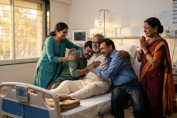 अस्पताल के बिस्तर पर लेटे वृद्ध पिता को गले लगाते उनके बेटे, पास खड़ी भावुक माँ और बेटी—पारिवारिक प्रेम, पश्चाताप और नई उम्मीद का भावनात्मक दृश्य।