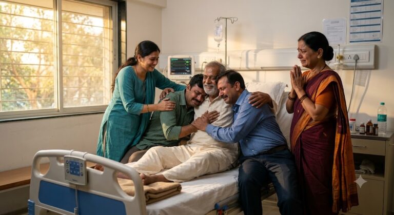 अस्पताल के बिस्तर पर लेटे वृद्ध पिता को गले लगाते उनके बेटे, पास खड़ी भावुक माँ और बेटी—पारिवारिक प्रेम, पश्चाताप और नई उम्मीद का भावनात्मक दृश्य।