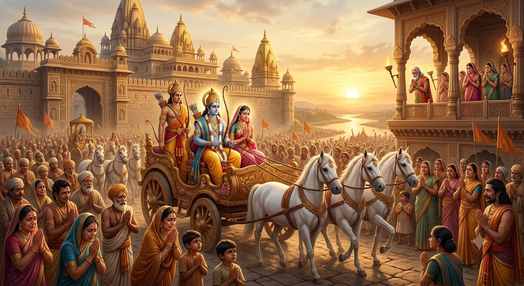 रामायण के अयोध्या कांड की सम्पूर्ण कथा पढ़ें। जानिए कैसे श्रीराम ने पिता के वचन की रक्षा के लिए 14 वर्ष का वनवास स्वीकार किया और धर्म की सर्वोच्च मिसाल प्रस्तुत की।