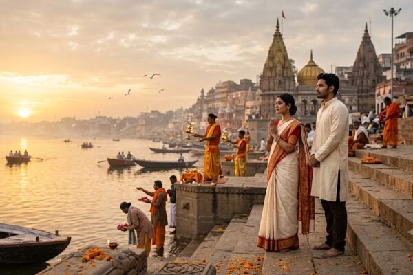वाराणसी के दशाश्वमेध घाट पर उगते सूरज, माँ गंगा की आरती, बाबा विश्वनाथ मंदिर और आध्यात्मिक वातावरण को दर्शाती भावपूर्ण हिंदी कविता का प्रतीकात्मक दृश्य।