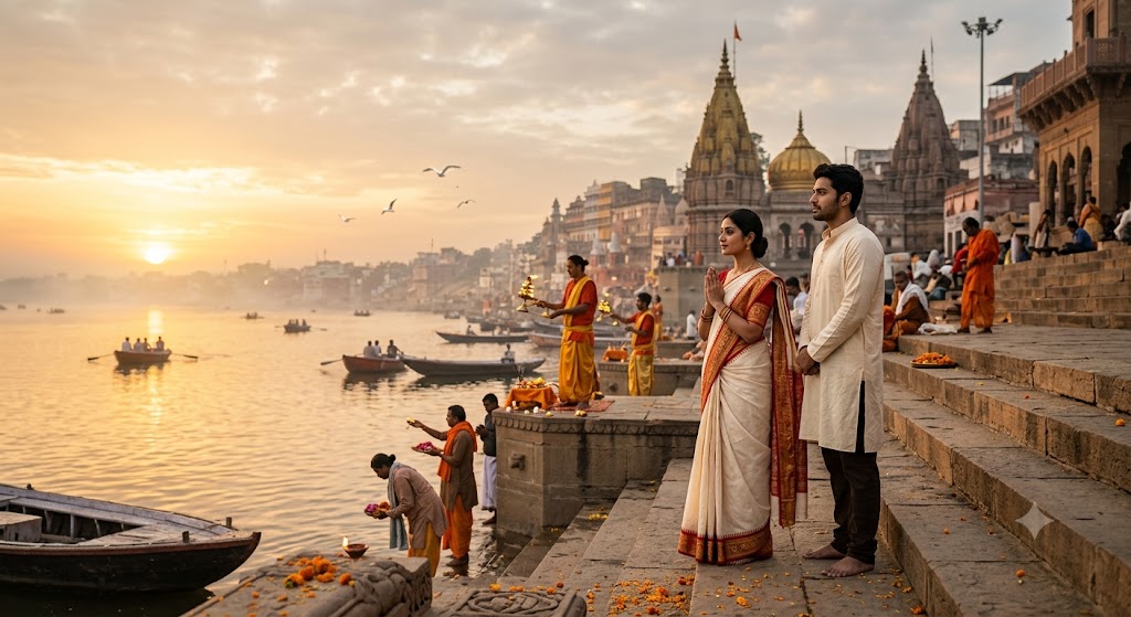 वाराणसी के दशाश्वमेध घाट पर उगते सूरज, माँ गंगा की आरती, बाबा विश्वनाथ मंदिर और आध्यात्मिक वातावरण को दर्शाती भावपूर्ण हिंदी कविता का प्रतीकात्मक दृश्य।