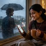 बारिश की शाम खिड़की के पास बैठी एक युवती, हाथ में चाय का कप और दूर देखते हुए अपने प्रिय को याद करती हुई।