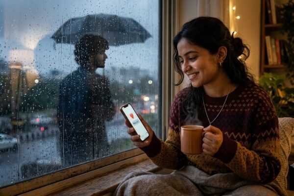 बारिश की शाम खिड़की के पास बैठी एक युवती, हाथ में चाय का कप और दूर देखते हुए अपने प्रिय को याद करती हुई।