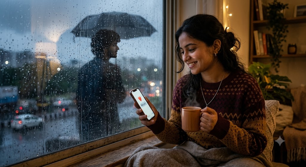 बारिश की शाम खिड़की के पास बैठी एक युवती, हाथ में चाय का कप और दूर देखते हुए अपने प्रिय को याद करती हुई।