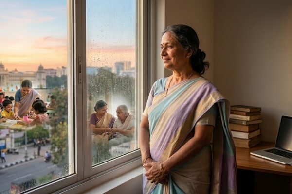 खिड़की के पास खड़ी आत्मविश्वास से भरी महिला, नए जीवन की ओर बढ़ते हुए – प्रेरक हिंदी कहानी