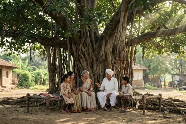 विशाल बरगद के पेड़ की छाँव में बैठे बुजुर्ग और परिवार