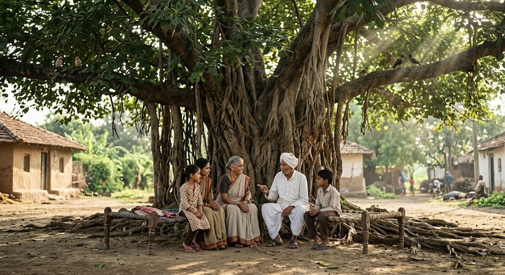 विशाल बरगद के पेड़ की छाँव में बैठे बुजुर्ग और परिवार