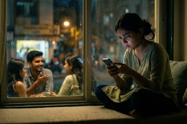 मोबाइल फोन हाथ में लिए एक युवा महिला संदेश का इंतज़ार करती हुई, जबकि स्क्रीन पर "Seen" दिखाई दे रहा है। यह रिश्तों में बेंचिंग, भावनात्मक दूरी और बैकअप प्लान बनने की स्थिति को दर्शाता है।