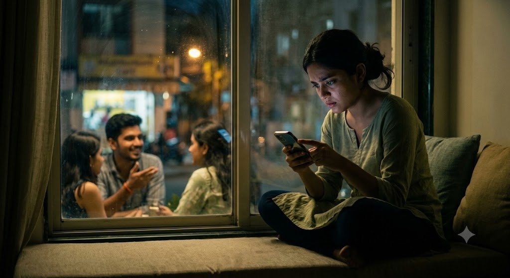 मोबाइल फोन हाथ में लिए एक युवा महिला संदेश का इंतज़ार करती हुई, जबकि स्क्रीन पर "Seen" दिखाई दे रहा है। यह रिश्तों में बेंचिंग, भावनात्मक दूरी और बैकअप प्लान बनने की स्थिति को दर्शाता है।